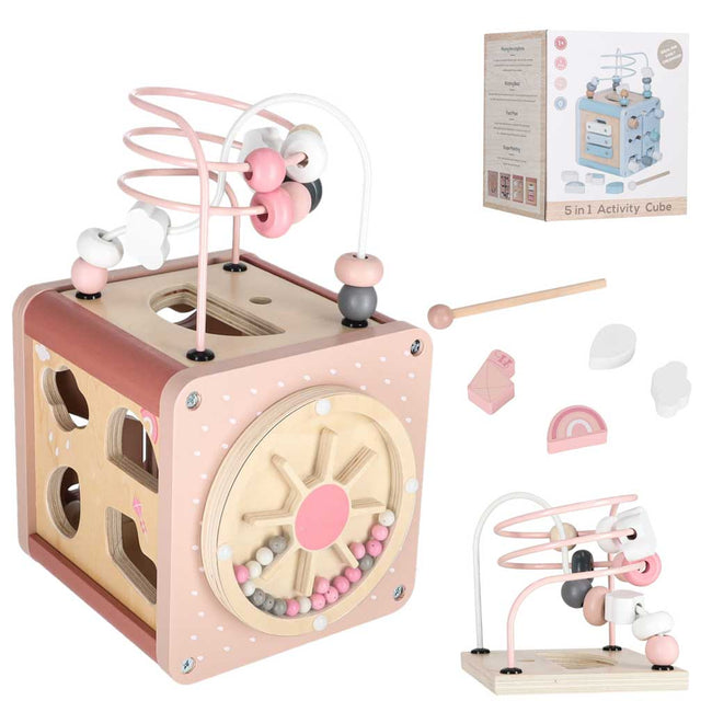 Cub de activități 5 în 1 pentru copii - jucărie Montessori cu sortator forme, labirint și xilofon, din lemn, roz